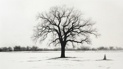 Lone tree, winter field, snow, minimalist landscape, nature photography