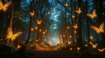 Fototapeta premium Enchanted Forest With Glowing Butterflies at Twilight