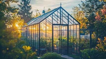 Obraz premium Sunset illuminates a glass greenhouse in a garden.