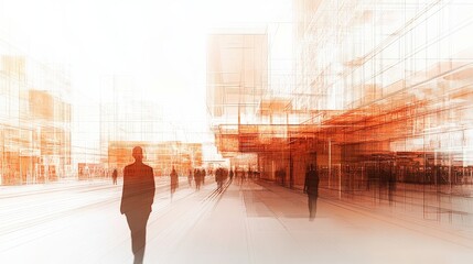 Obraz premium Abstract depiction of a bustling urban environment with blurred figures in motion, showcasing modern architecture