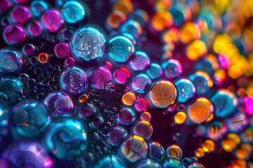 Photo effect background of an abstract texture of glowing spheres, vibrant neon colors.