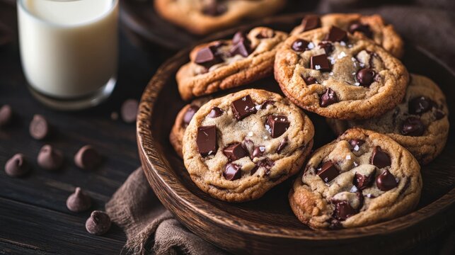 A plate of freshly baked chocolate chip cookies with gooey chocolate chunks and a sprinkle of sea salt, served on a rustic wooden plate, Cookies centered