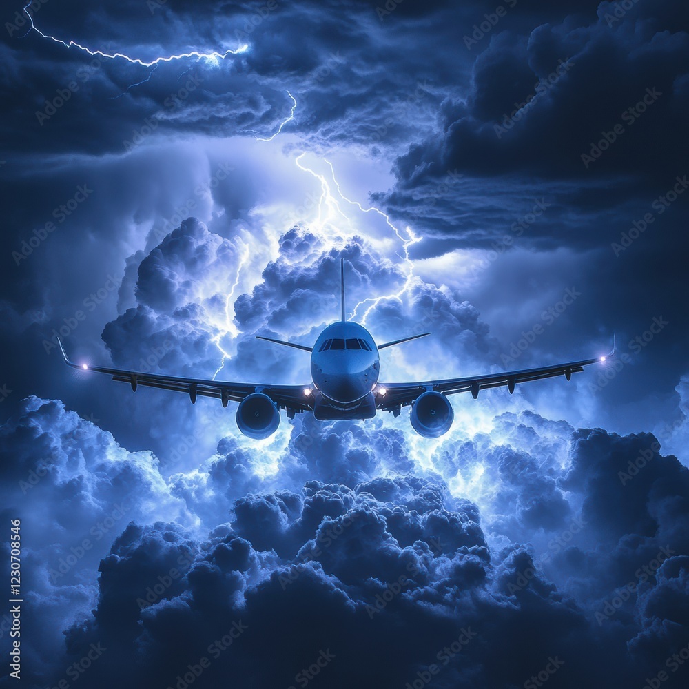 Poster Airplane navigating through turbulent storm clouds illuminated by lightning during a night flight. Generative AI