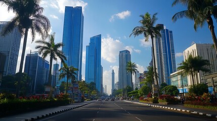 A morning stroll beneath Jakarta's towering blue skyscrapers, a symphony of modern architecture reaching towards the heavens. 