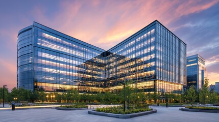 Modern glass office building at sunset.