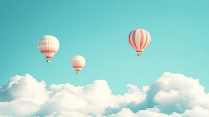 Naklejka premium Three Hot Air Balloons Soar Above Fluffy Clouds