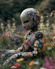 Naklejka premium Floral Robot Contemplates in Summer Meadow