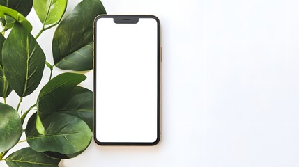 Smartphone with blank screen beside lush green leaves on a white background.