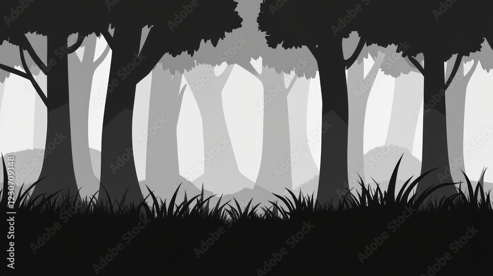 Poster silhouetted trees in a misty forest scene