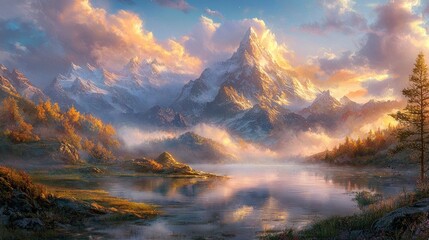 Obraz premium Majestic sunrise over a serene mountain lake.