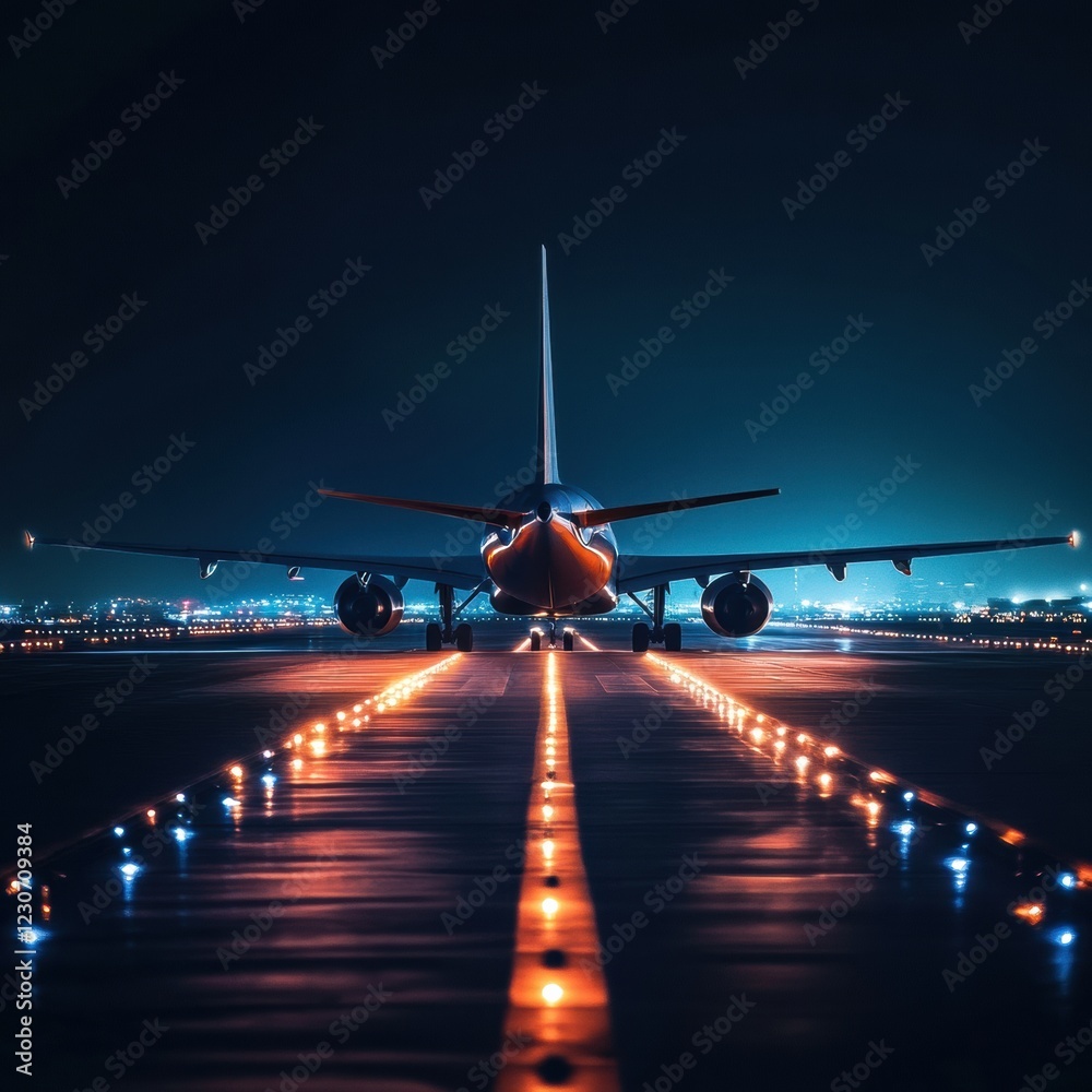 Poster Illuminated airplane preparing for takeoff on runway at night surrounded by vibrant navigation lights. Generative AI