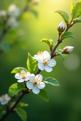 Fototapeta premium White hawthorn branches with buds in morning light, foliage, greenery