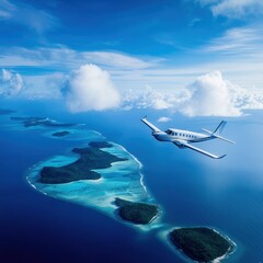 Obraz premium Airplane gliding over vast blue ocean with scattered islands below on a clear day. Generative AI