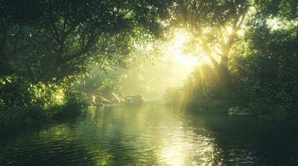 Sunlit stream flows through lush green forest. (2)