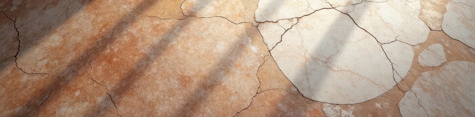 Fototapeta premium Worn, cracked marble floor with scuffed and discolored patches , stained, damaged, scratched
