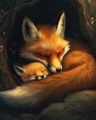 Obraz premium Forest fox den, mother, kit, sleeping, sunlight, nature, warmth, family, love, illustration