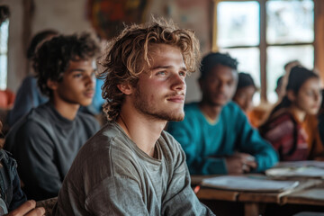Fototapeta premium Focused students in a classroom setting, engaged in an interactive learning experience.