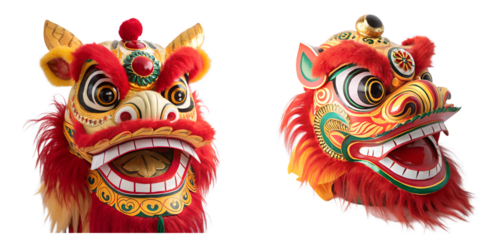 set of chinese lion statue mask,  cut out on the white background, soft focus