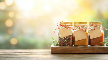   Three spice-filled jars sit atop a wooden table, alongside a labeled bottle