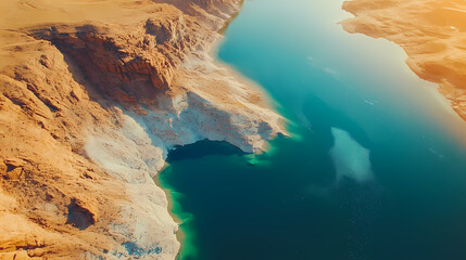 Remote sensing imaging infrastructure concept. aerial view of a rugged desert landscape meeting a tranquil body of water. Desert Shores. Illustration