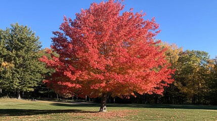 Naklejka premium A large maple tree with brilliant red leaves standing in a serene park.