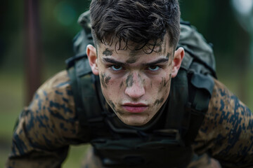 Obraz premium Young soldier with camouflage face paint, staring forward with unwavering focus.