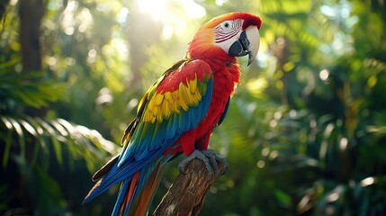 Obraz premium A vibrant parrot sat atop a tree limb amidst a woodland with warm sunlight filtering through the foliage behind