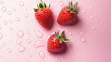 Three strawberries are on pink background with water droplets. Strawberries are fresh and juicy, and water droplets give image sense of freshness and vitality. Concept of money. weight loss concept