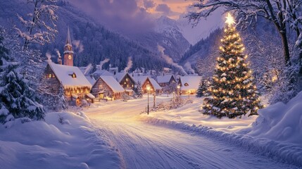 Snowy Village Christmas Eve Illuminated Mountain Setting