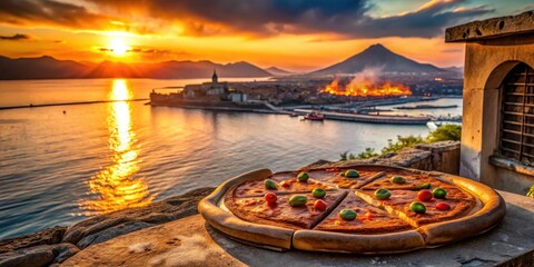 Fototapeta premium Historic center of Naples with traditional pizza being cooked in a wood-fired oven at sunset over the Bay of Naples, cooking, wood fired