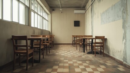 Empty, rustic dining area with wooden tables and chairs, checkered floor, and large windows.