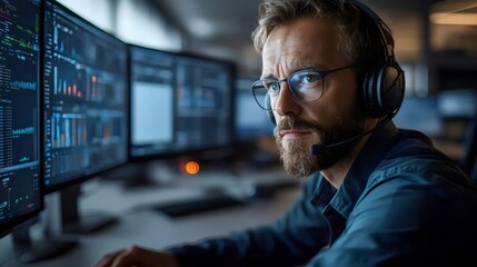 A man wearing a headset and glasses is sitting in front of a computer monitor