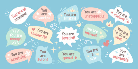 Set of speech bubbles with positive affirmations and self love quotes, cute hand-drawn style