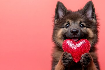 Ad campaign conceptual art. Norwegian elkhound - my preferred dog. Cute norwegian elkhound hound with sparkling rhinestones red heart - sign of love, funny greeting card. Valentine's day.