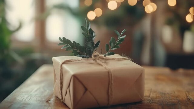 Rustic gift on wooden table with bokeh lights in background