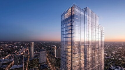 Fototapeta premium Modern glass skyscraper at sunset over city.