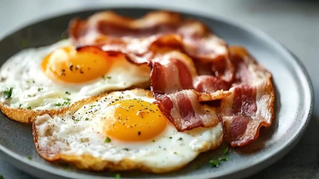 Delicious bacon and eggs sizzle for a perfect breakfast moment