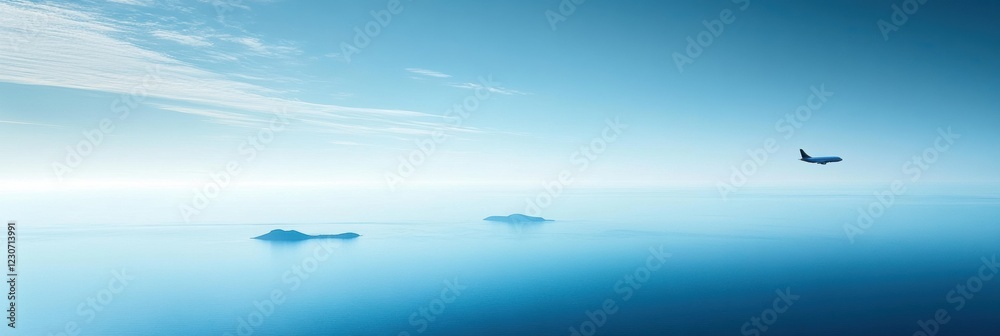 Poster airplane glides gracefully over vast blue ocean with islands shimmering below in clear sky. generati