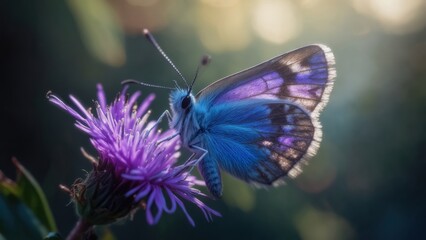 Fototapeta premium Butterfly feeding on purple flower in natural light during golden hour