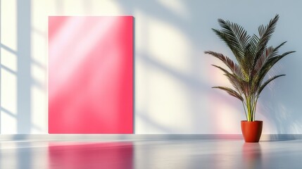 A modern art space featuring a vibrant pink canvas against a sunlit wall, accompanied by a lush...