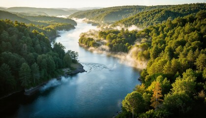 Fototapeta premium Scenic river landscape with misty mountains in the background