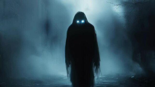 Mysterious hooded figure emerges from fog with eerie glowing eyes in dark alleyway