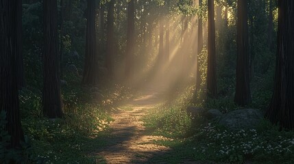 Fototapeta premium Sunbeams illuminate a misty forest path. (1)