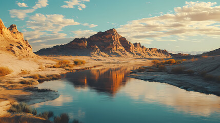 A desert landscape with a river and a mountain in the background. the water is calm and reflects the surrounding mountains. Desert Shores. Illustration
