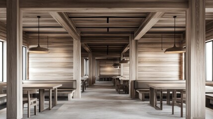 Long wooden restaurant interior with tables and benches.