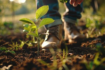 Arbor day with tree planting volunteering to save green environment and natural conservation concept