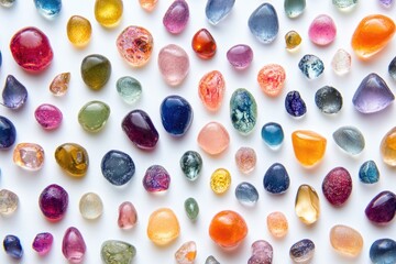 Fototapeta premium Collection of colorful, translucent tumbled stones arranged on a white background.