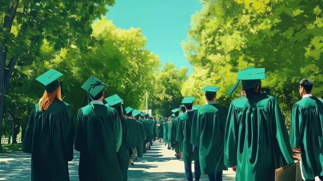Celebratory graduation walk through sunny treelined path in green gowns