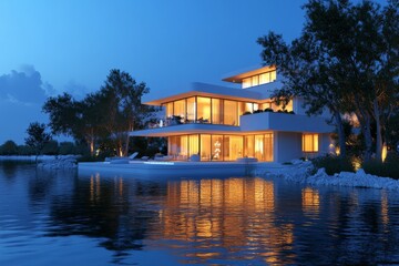 Fototapeta premium Modern waterfront house illuminated at dusk with serene reflections on the water