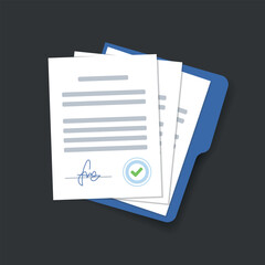 Document. Contract papers. Paper documents. Folder with stamp and text. Vector illustration of stack of contract documents, flat cartoon package documents with signature and approval stamp